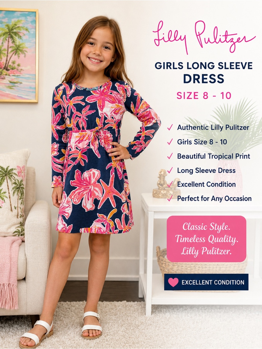 Lilly Pulitzer Girls Navy Blue Dress with Pink Floral Print